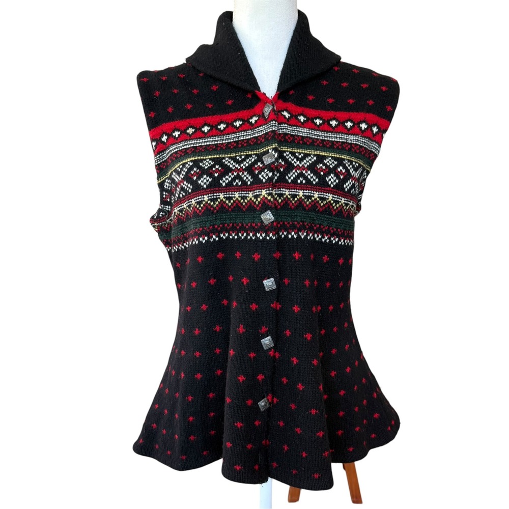 Ralph Lauren Wool Cashmere Fair Isle Shawl Collar Peplum Vest Black Red Large